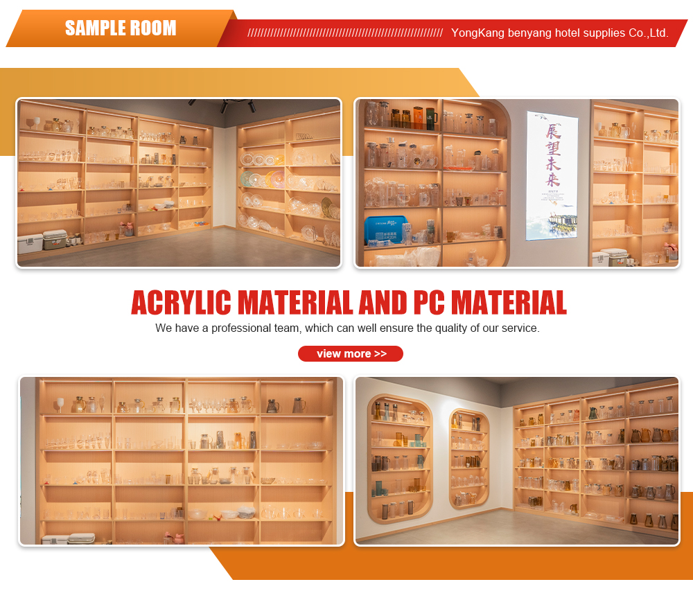 Sample room showroom of Yongkang Benyang Hotel Supplies, full range of acrylic & PC wine glasses, champagne cups, hotel catering tableware display shelves, various transparent plastic drinkware samples exhibition