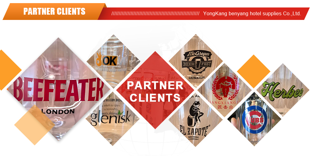 Partner clients showcase of Yongkang Benyang Hotel Supplies, customized printed acrylic wine glasses, champagne cups & PC drinking cups for global liquor brand cooperation cases