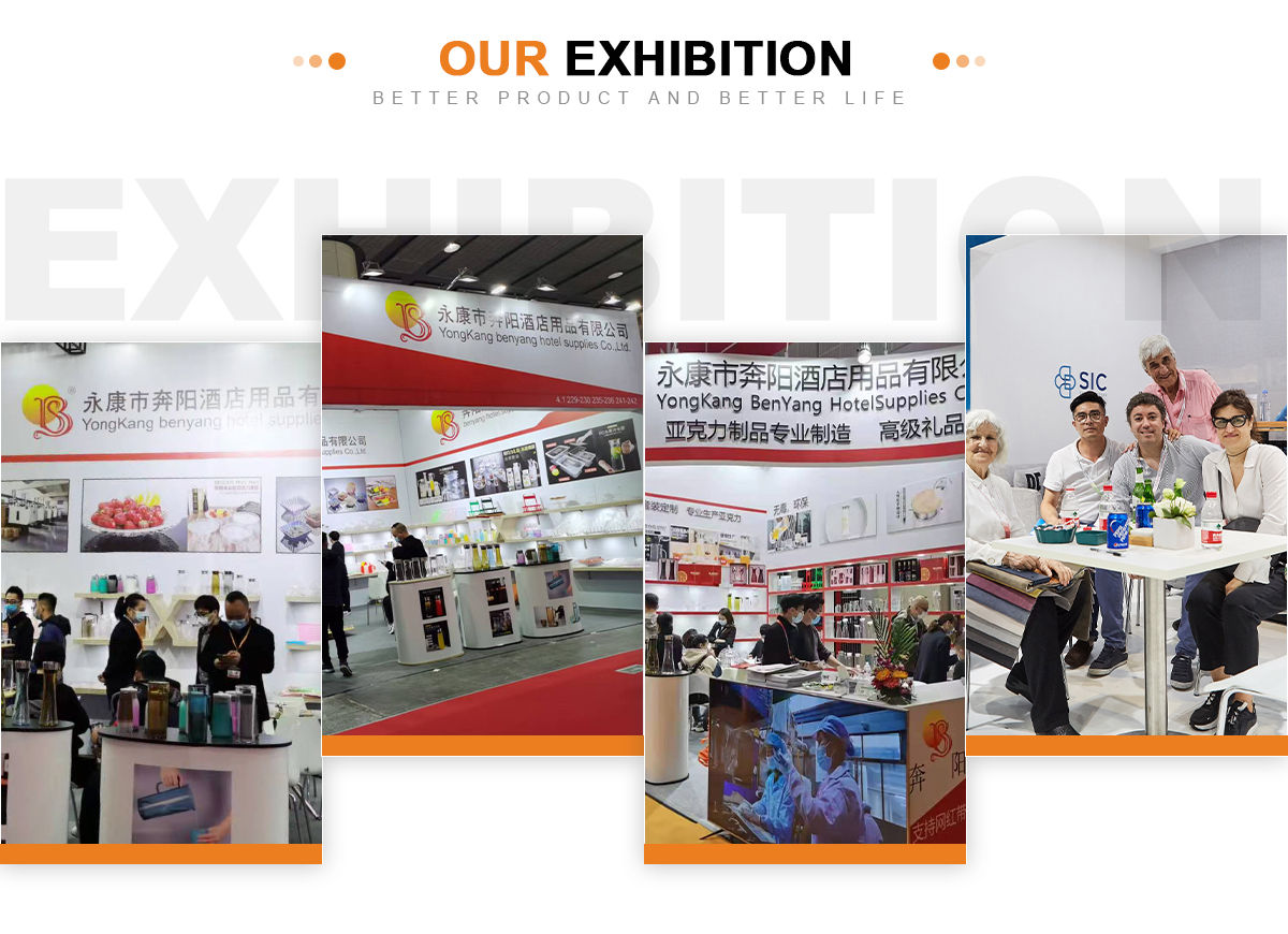 Our exhibition photos collage of Yongkang Benyang Hotel Supplies, trade show booth display for acrylic PC wine glasses, champagne cups & hotel tableware, communicating with overseas international clients