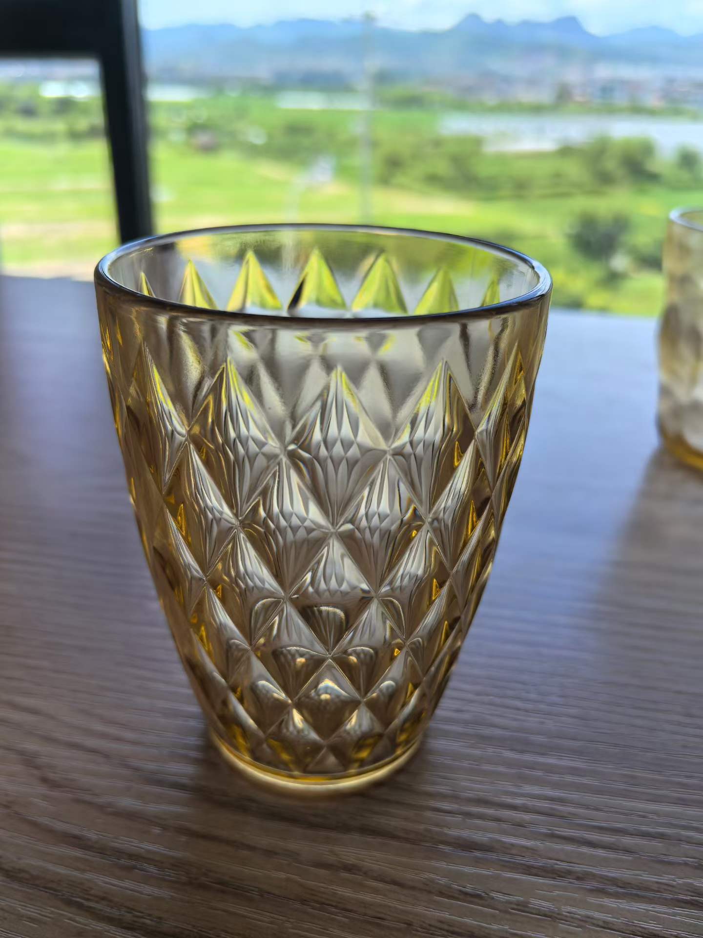 detail diamond emboss amber pc drinking glass close up