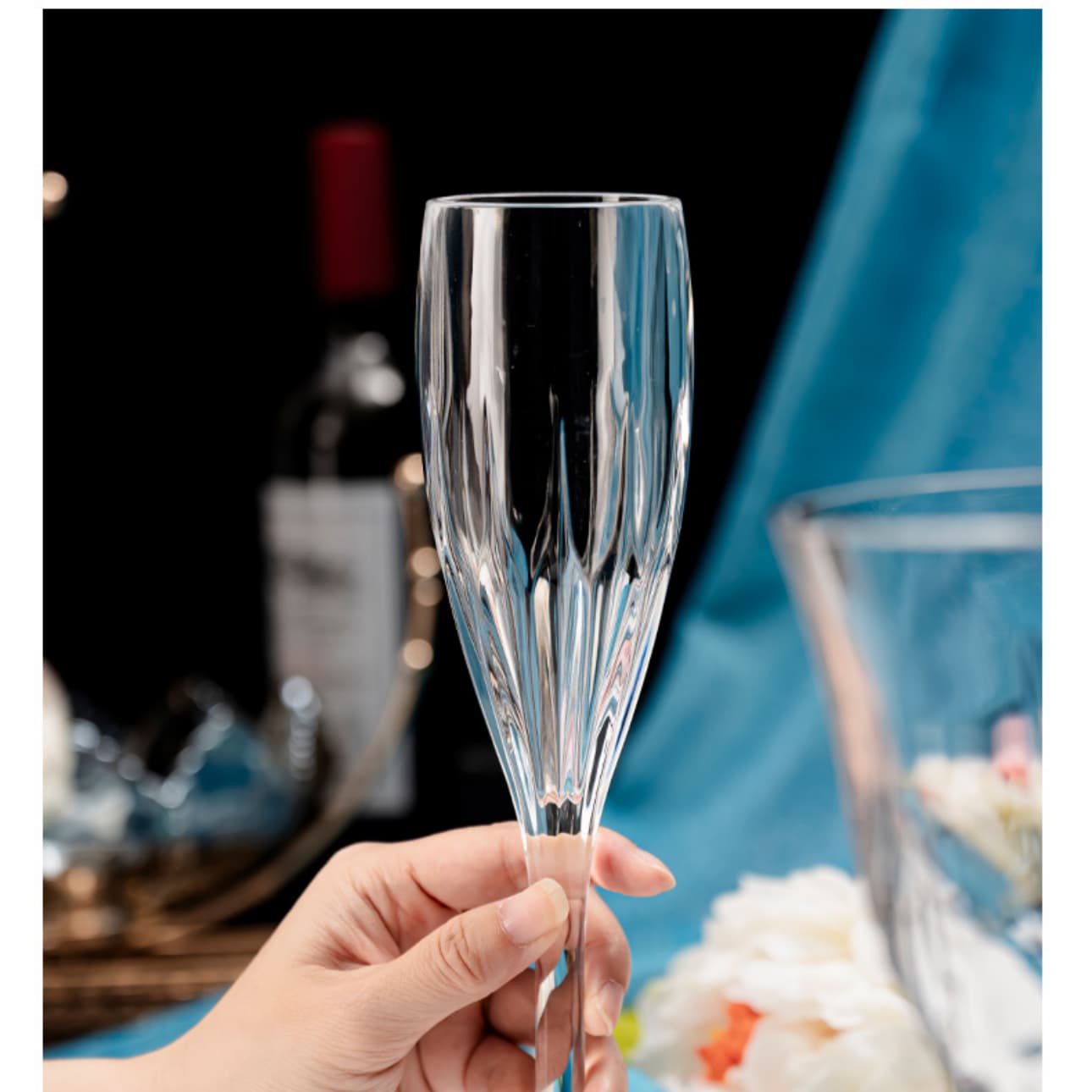 detail model9919 1 thin rim long stem pmma crystal party transparent champagne flutes hard clear plastic wine cups serving scene 3