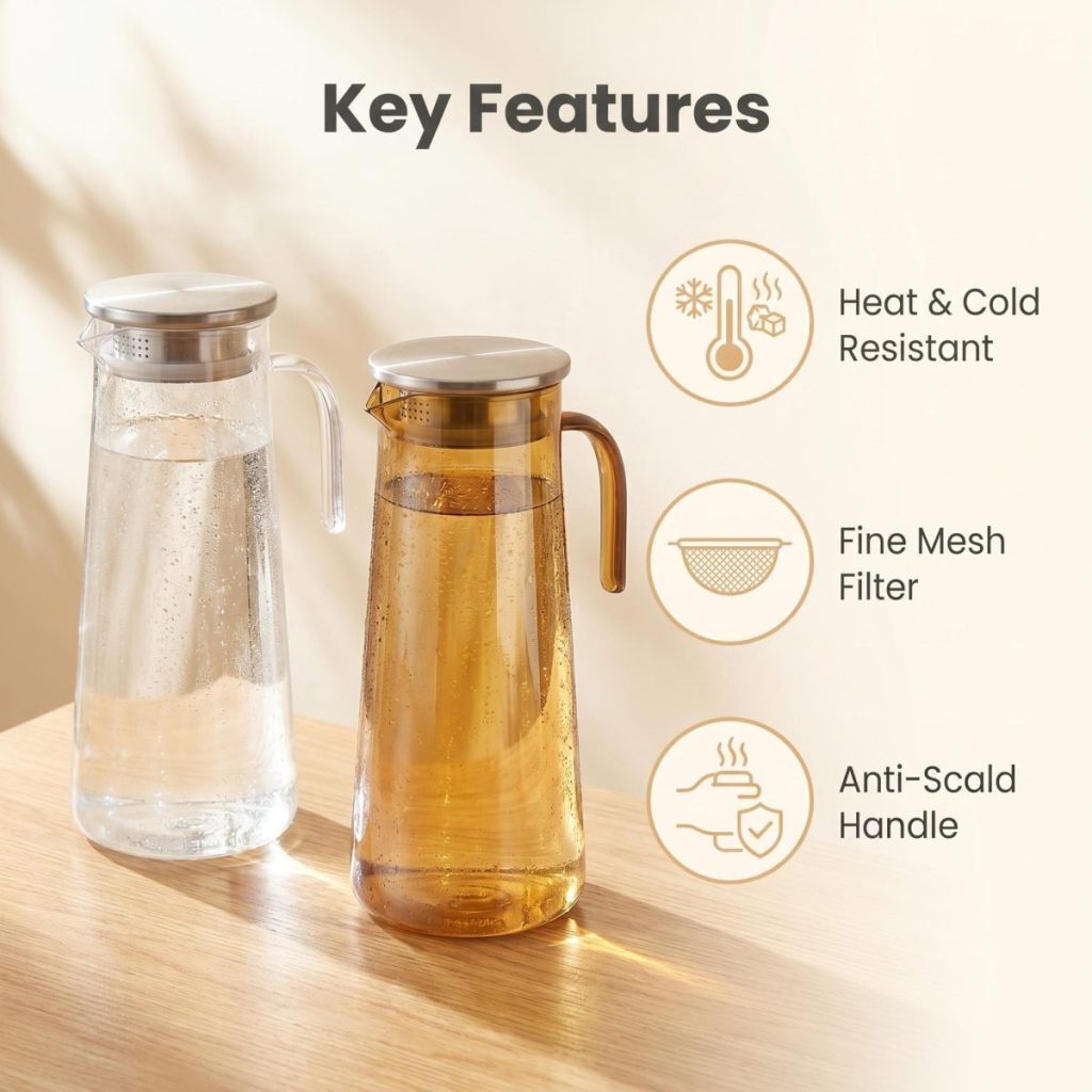 main model9160 pc water pitcher heat cold resistant with fine mesh strainer anti scald handle fridge safe juice tea carafe home kitchen main display 1